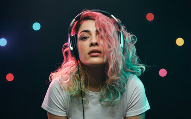 DJ Woman With Neon Hair and Headphones in Colorful Bokeh Background. Colorful Headphones Portrait