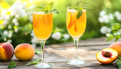 Fototapeta premium Refreshing peach mimosas and bellinis on wooden table, garnished with mint. Sparkling cocktail with orange juice, champagne