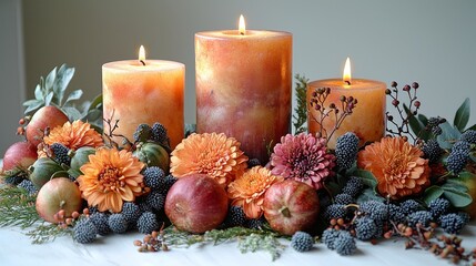 A serene autumn centerpiece featuring lit candles, vibrant flowers, and fresh fruits arranged beautifully on a table