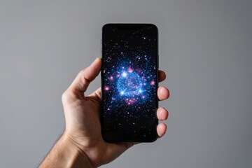 Close-up of hand holding mobile phone with colorful holographic galaxy projection on screen.
