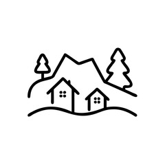 Winter Season Handmade Houses Snowy Landscape Line Art Illustration Two Cozy Homes Mountain Trees Simple Black