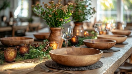 Elegant rustic dining table set up with wooden bowls, greenery, and warm candlelight for a cozy gathering
