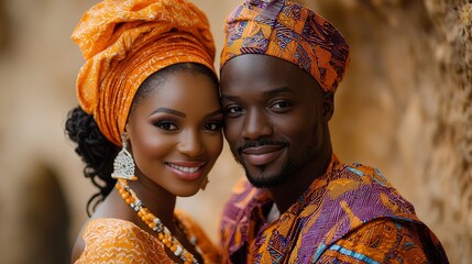 A joyful couple dressed in traditional African attire sharing a loving moment in a scenic outdoor setting, showcasing cultural heritage and connection.
