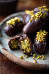 Dates filled with crunchy pistachio cream and covered in chocolate, Dubai chocolate dates. AI Generative