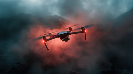 Fototapeta premium A sleek drone hovers amidst dense misty mountains, captured during sunset, embodying exploration, technology, and adventure in a surreal ambient light.