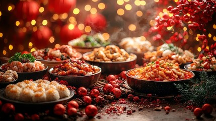 Exquisite Asian feast featuring a variety of colorful dishes elegantly presented with festive decorations and warm bokeh lights