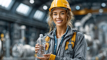 Smiling female industrial worker in hard hat holding water bottle in factory setting