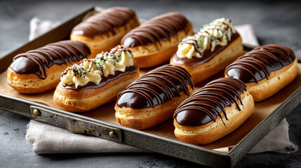 Assorted chocolate eclairs with whipped cream and sprinkles on baking tray, baking and dessert theme