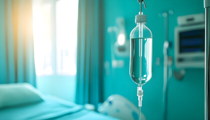 Intravenous drip in hospital room with sunlight streaming in. Medicine treatment, health care, saline infusion. Patient recovery in bed. Clinic