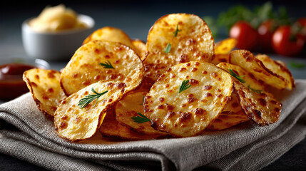 Crispy golden potato chips with herbs on linen in cozy setting