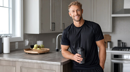 Smiling athletic man in modern kitchen holding a drink cup, young white male posing after training in gym, concept of sport, fitness, healthy life.