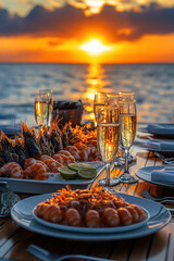Elegant seafood dinner by the ocean at sunset with sparkling wine and decorative table setting