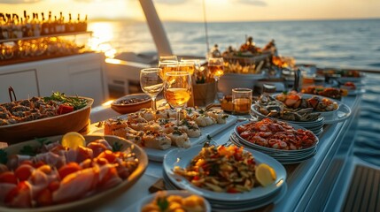 Luxurious sunset dinner buffet on yacht with seafood and drinks overlooking the ocean