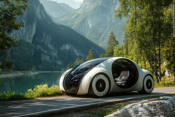 Futuristic autonomous vehicle by serene lake and mountains in lush forest setting