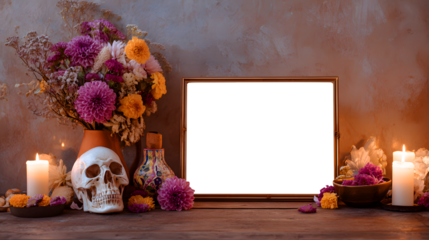 Dia de los muertos altar featuring skull flowers and blank picture frame for celebration