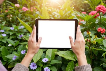 Title: Hands Holding Digital Tablet Surrounded by Colorful Plants and Flowers