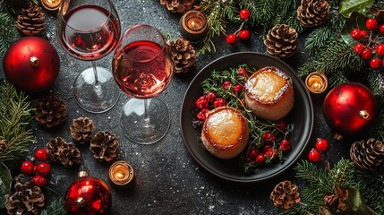 Indulgent holiday feast with glistening desserts, wine glasses, and festive decorations on a dark table setting.