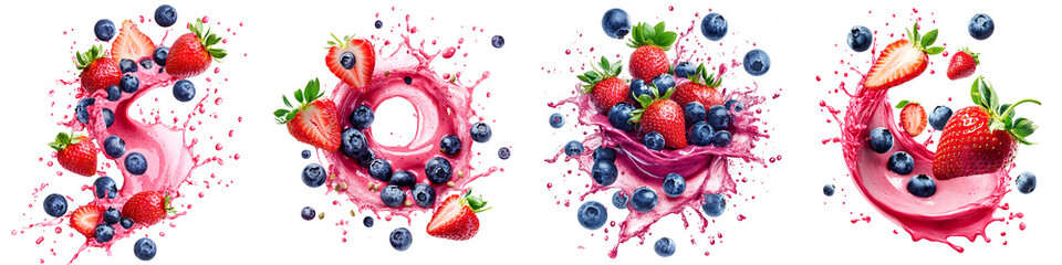 Set of strawberries and blueberries colliding in pink splash, fruity energy concept, isolated on transparent background.