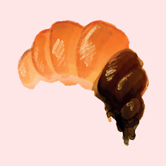 Golden croissant with rich chocolate, crumbling on a delicate pink cloth. Watercolor image of crispy pastries with delicate dark chocolate on a pastel background. Artistic vector illustration
