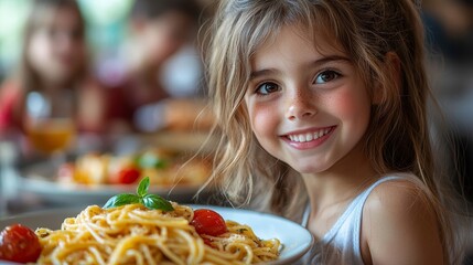 Cheerful young girl enjoying a plate of spaghetti in a lively restaurant atmosphere with friends and family