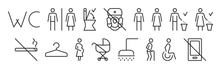 Black line editable stroke icon set for public toilets, linear vector signs for WC, lavatory, bathroom. Collection of monochrome outline pictograms for women and men changing room and restrooms