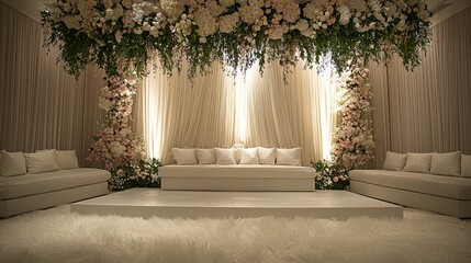 Elegant floral arrangement and cozy seating area in a beautifully decorated indoor space for special occasions