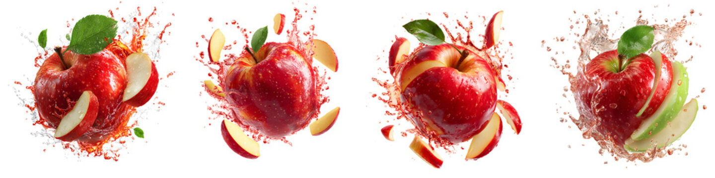 Set of apple splash with juice burst and floating apple slices, isolated on transparent background.