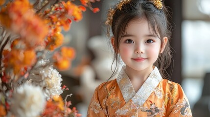 A charming young girl dressed in traditional attire, surrounded by beautiful floral decorations in a serene indoor setting.
