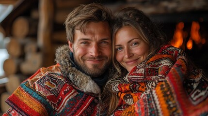 A joyful couple wrapped in colorful blankets, radiating warmth and happiness in a cozy cabin setting during winter