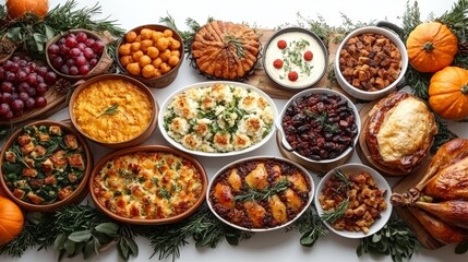 An elaborate Thanksgiving feast featuring a variety of delicious traditional dishes and seasonal decorations, perfect for sharing and celebrating togetherness