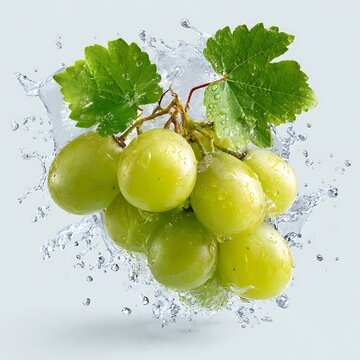Green grapes with a few drops of water on thei on white background