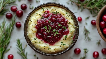Delicious creamy mashed potatoes topped with vibrant cranberry sauce and garnished with fresh herbs on a rustic table
