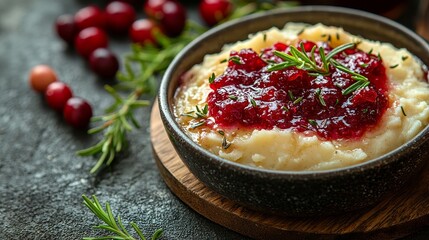 A close-up view of creamy mashed potatoes topped with homemade cranberry sauce and garnished with fresh rosemary, creating a festive dining experience.