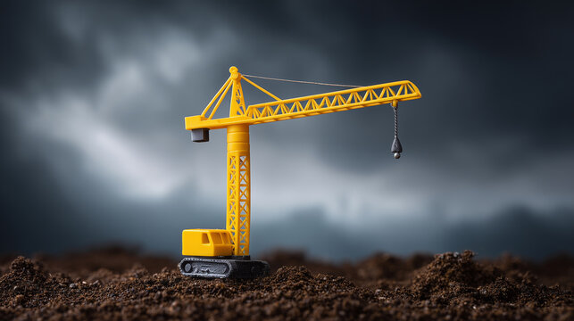 Miniature Construction Crane Surrounded by Dark Clouds on Rough Terrain