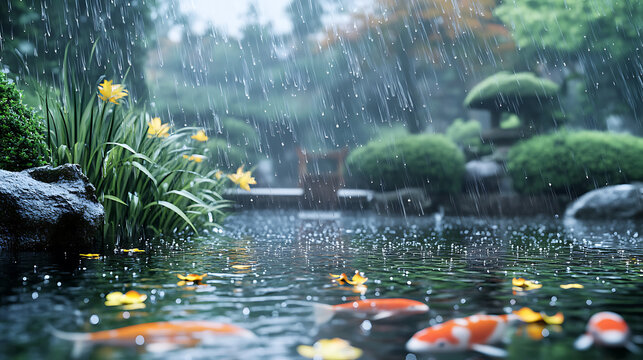 Tranquil garden pond with koi and falling rain drops high resolution picture