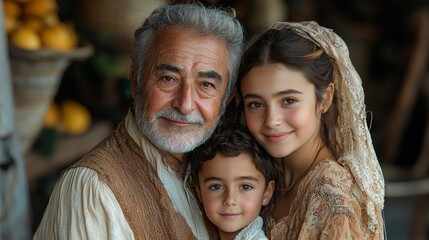 A warm and affectionate portrait of a grandfather, granddaughter, and grandson sharing a joyful moment in a rustic market setting