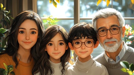 A warm family portrait capturing the joyful bonds between an elderly man, two young girls, and a boy against a sunlit window with lush greenery