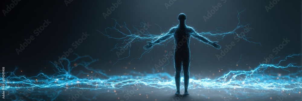 Poster man silhouette in clinical setting surrounded by glowing nerve signals at dusk showcasing the inters