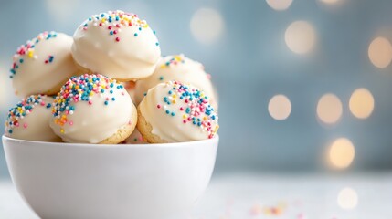 Obraz premium A delightful array of freshly baked cookies drizzled with white chocolate and adorned with colorful sprinkles, evoking joy and the sweet moments of life’s celebrations.