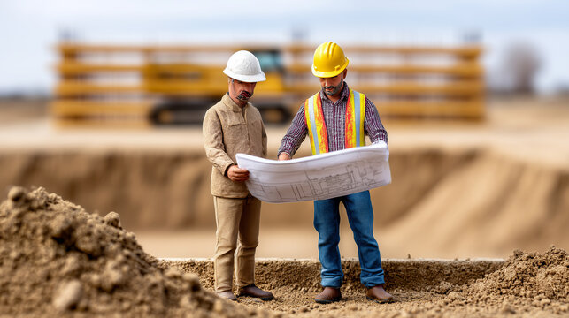 Toy-sized Engineers Review Construction Plans at a Job Site During the Day