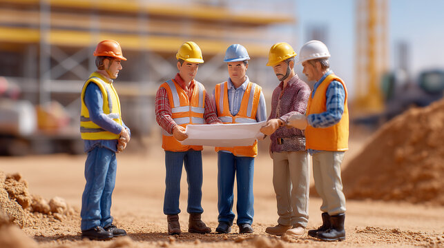 Toy Engineers Discuss Building Plans at a Construction Site With Detailed Planning and Teamwork Efforts