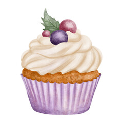 Watercolor illustration of a cupcake with cream frosting, berries, and holly leaves in a purple wrapper. Hand-painted in a soft, realistic style on a white background.