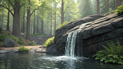Beautiful forest waterfall scene with rocks and trees nature landscape photography wallpaper background