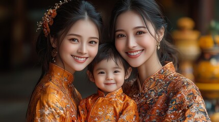 A joyful family portrait featuring two women and a child dressed in intricate traditional orange outfits, radiating happiness and warmth together