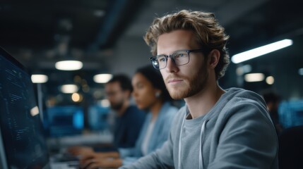 Dedicated programmer coding with focus in a collaborative tech office diverse team working on software development innovation and expertise modern workplace