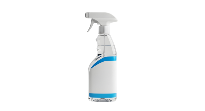 A white spray bottle with a blue stripe on a black background in a studio shot view