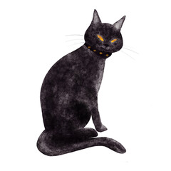 Watercolor illustration of a black cat with glowing eyes, sitting calmly. Hand painted in a whimsical and slightly creepy style, perfect for Halloween and fall themed designs.