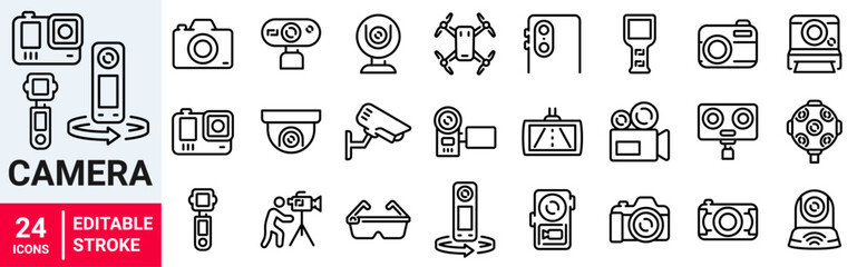Video Camera web line icon set. CCTV camera. VR, film cameras. drone.