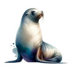 Fototapeta premium Sea Lion Pose: A majestic sea lion sits regally in a contemplative pose, its sleek fur rendered with watercolor textures, evoking the serene beauty of coastal wildlife.