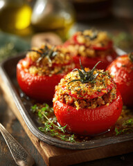 Close Up of Homemade Stuffed Tomatoes with Seasoned Breadcrumb Filling. Stuffed Tomato